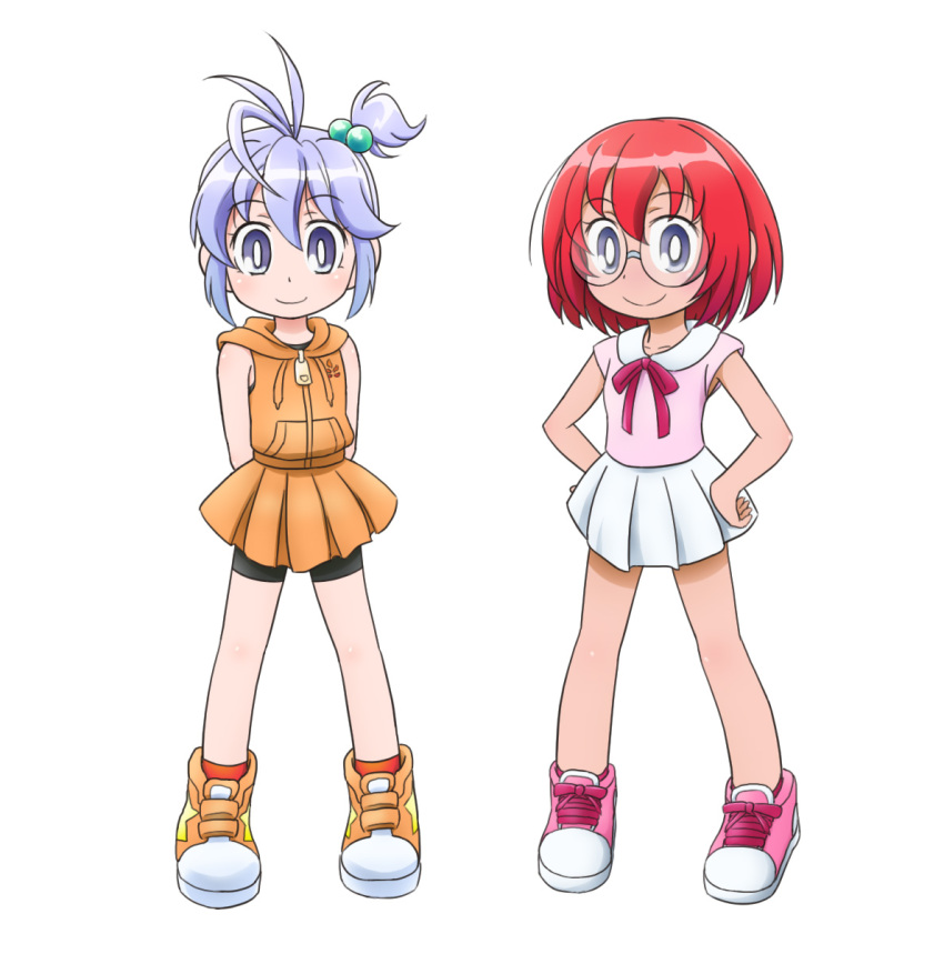 2girls, bare_shoulders, bike_shorts, black_shorts, brown_footwear, brown_jacket, brown_skirt, closed_mouth