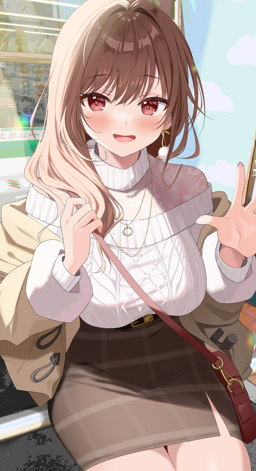 1girl, aran_sweater, belt, black_belt, blush, breasts, brown_hair, brown_jacket