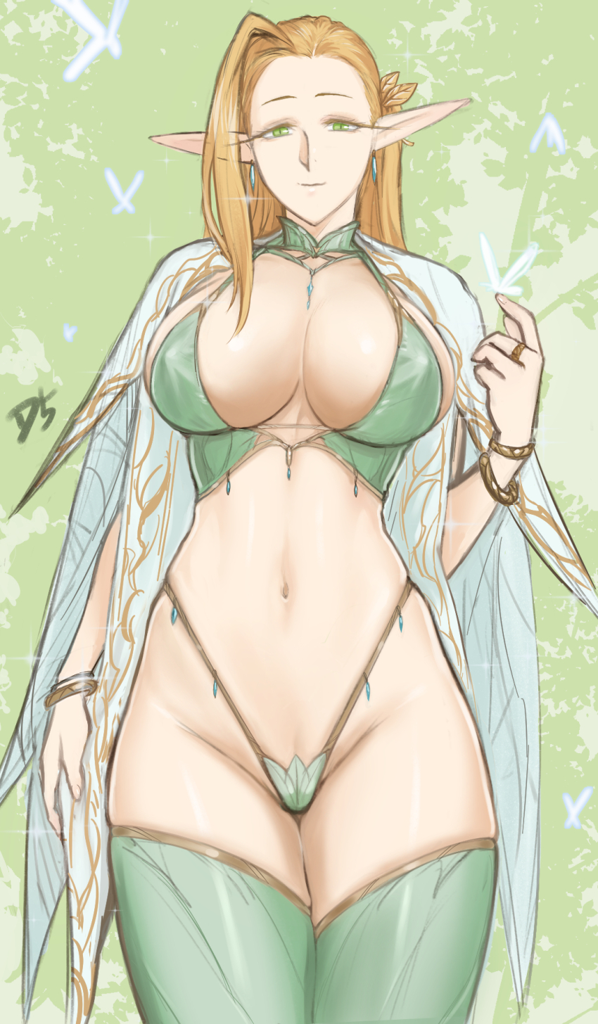 1girl, blonde_hair, breasts, cape, commentary, cowboy_shot, dinelind_(drill_(emilio)), drill_(emilio), elf, green_background, green_eyes, highres, large_breasts, light_smile, long_hair, long_pointy_ears, looking_at_viewer, navel, original, pointy_ears, simple_background, solo, stomach