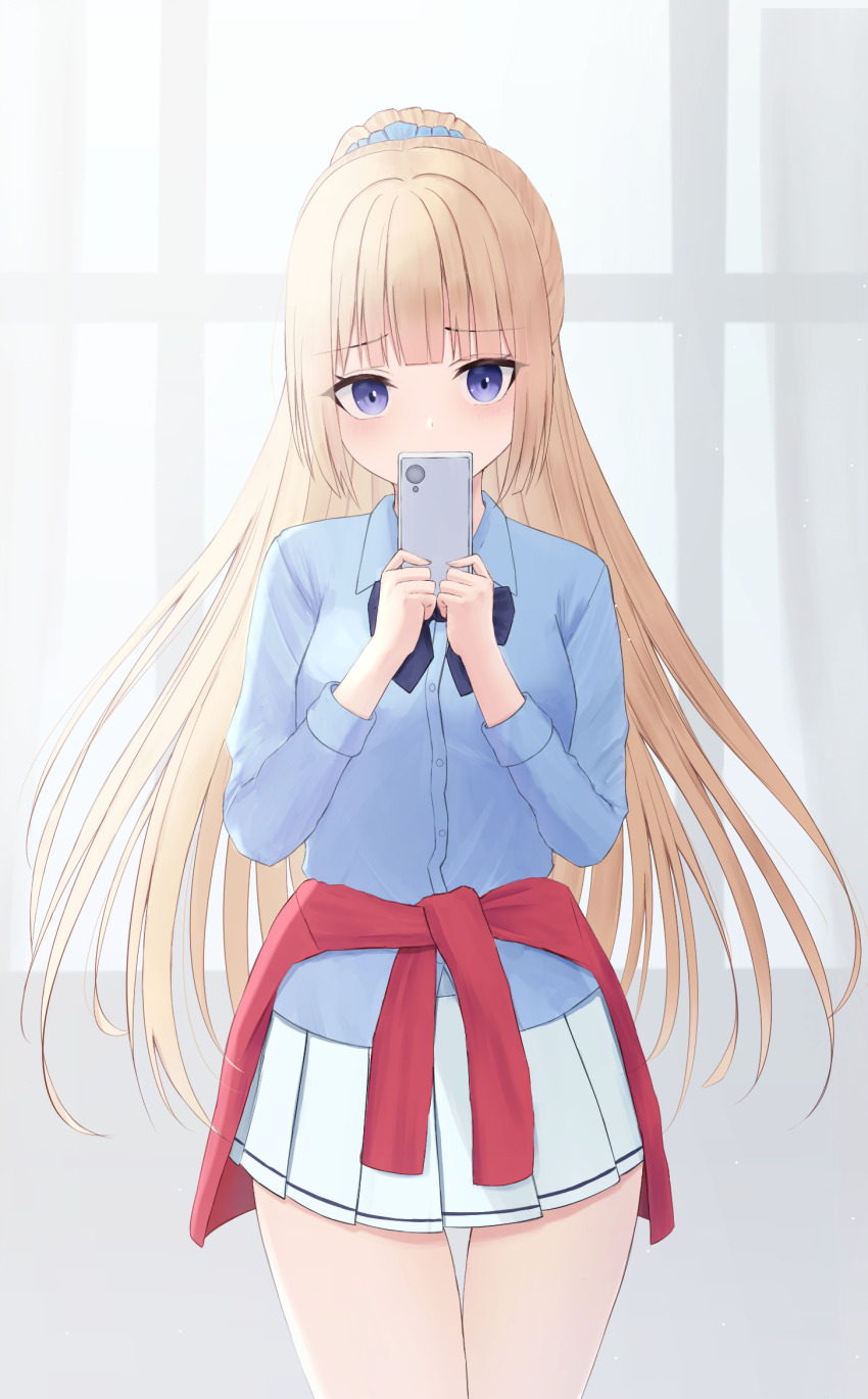 1girl, blonde_hair, blue_eyes, blunt_bangs, blush, bow, bowtie, cellphone