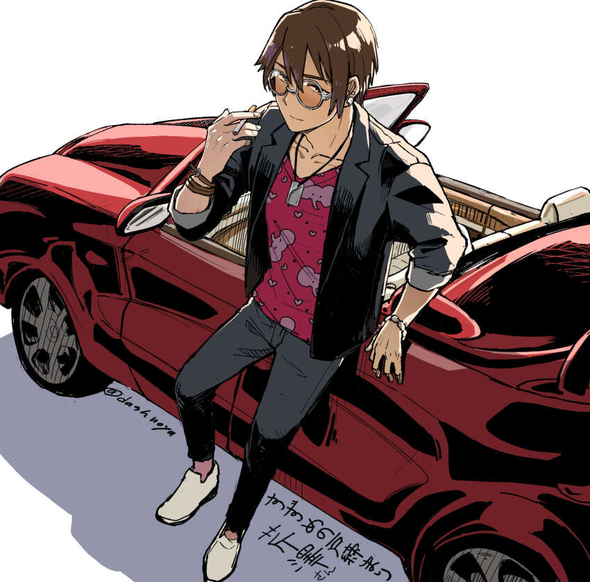 1boy, brown_hair, car, commentary, glasses, highres, male_focus, motor_vehicle