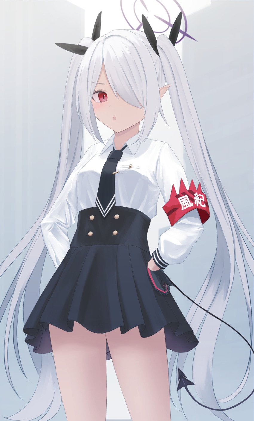 1girl, armband, blue_archive, collared_shirt, demon_tail, gloves, hair_ornament, hair_over_one_eye