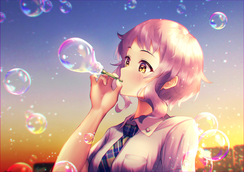 1girl, afrobluescombo, backlighting, bubble, bubble_pipe, highres, idolmaster, idolmaster_million_live!