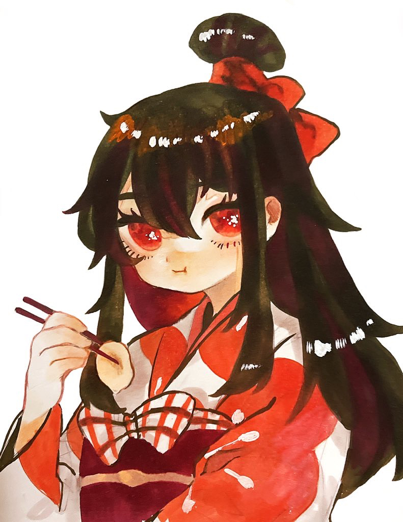 1girl, alternate_costume, black_hair, bow, chewing, chopsticks, closed_mouth, commentary_request
