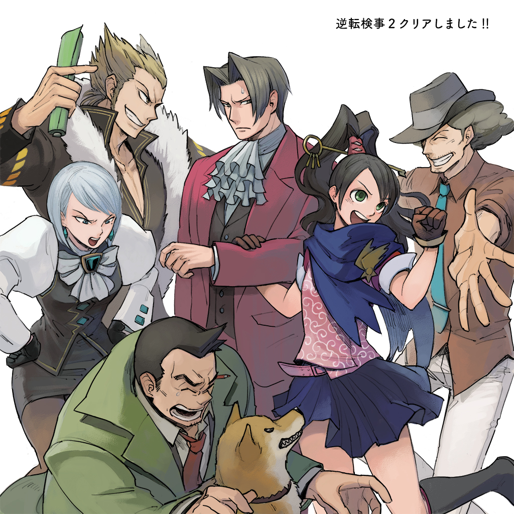 2girls, 4boys, ace_attorney, ace_attorney_investigations, ascot, black_gloves, black_hair, black_skirt