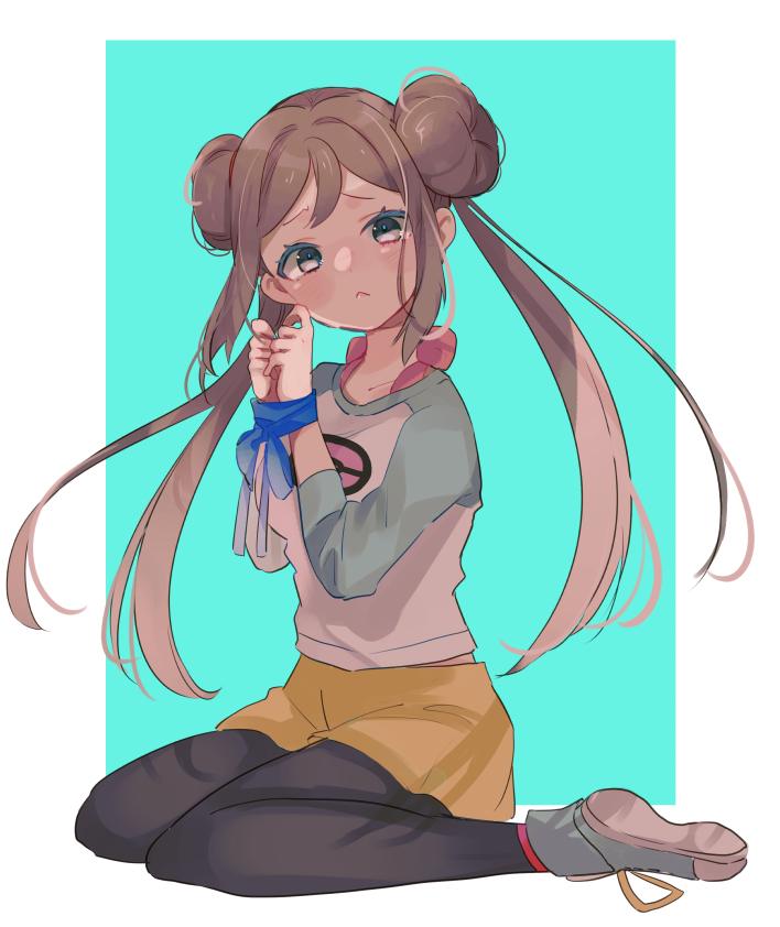 1girl, black_pantyhose, blush, border, bound, bound_wrists, bow, brown_hair