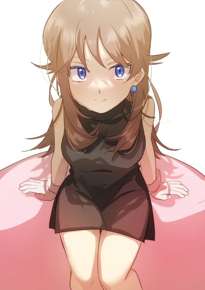 1girl, blue_eyes, breasts, brown_hair, closed_mouth, commentary_request, dress, earrings, eyelashes, gloves, green_(pokemon), jewelry, knees, long_hair, looking_at_viewer, marutoko45, medium_breasts, nintendo, pokemon, pokemon_adventures, short_dress, sidelocks, sitting, smile, solo, white_gloves