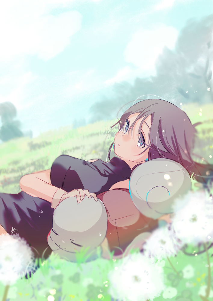 1girl, black_dress, brown_hair, closed_mouth, commentary_request, dandelion, day, dress