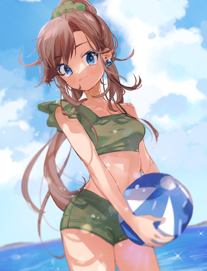1girl, ball, beachball, bikini, bikini_shorts, blue_eyes, blurry, blush
