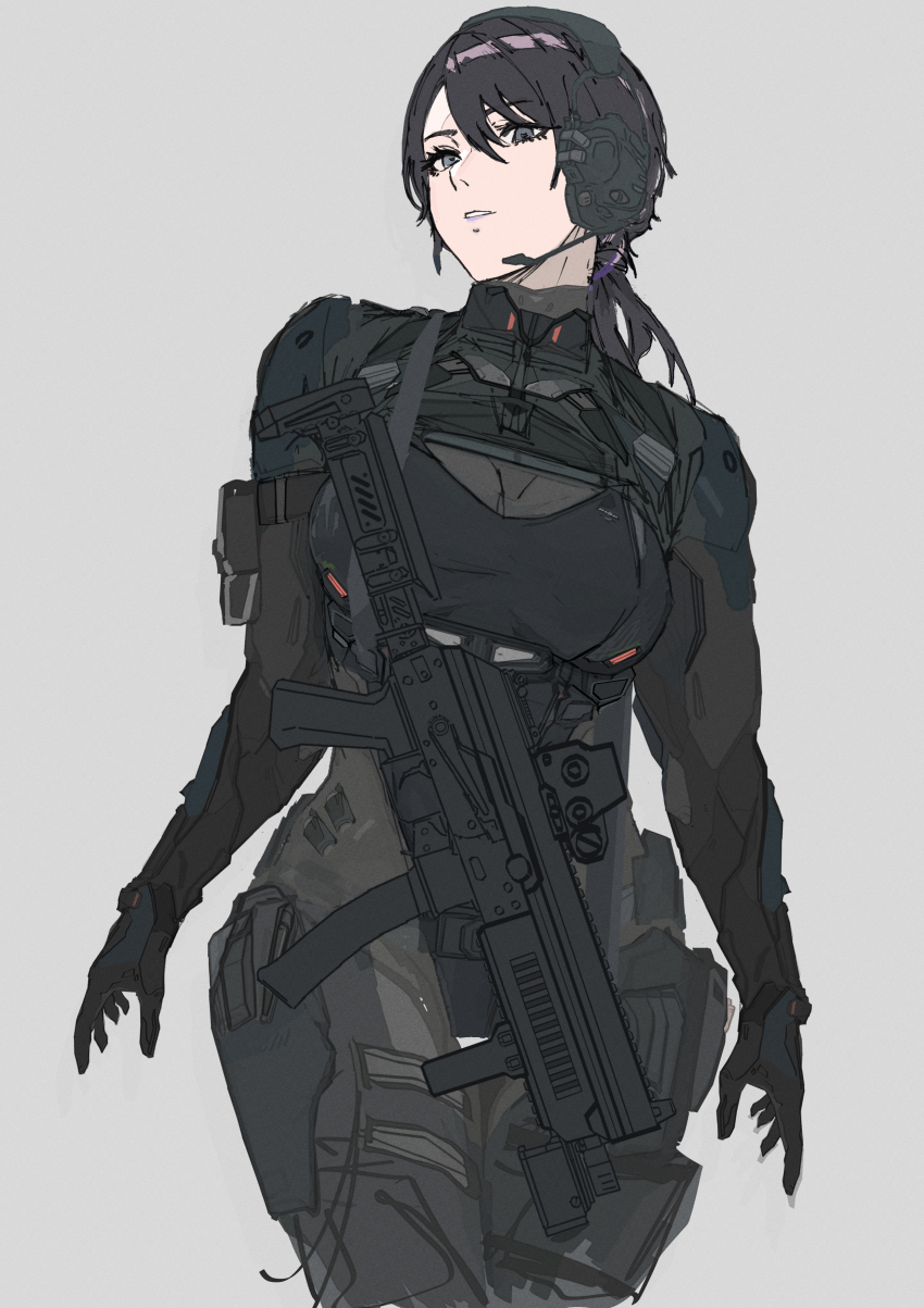 1girl, absurdres, black_eyes, black_hair, bodysuit, breasts, full_body, grey_hair