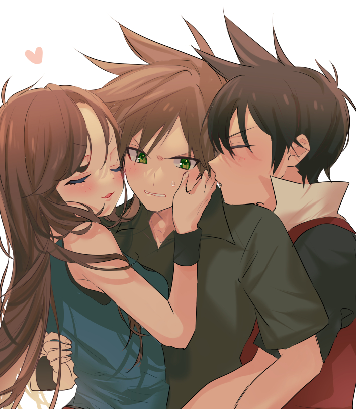 1girl, 2boys, black_shirt, blue_oak, blush, boy_and_girl_sandwich, brown_hair, closed_eyes