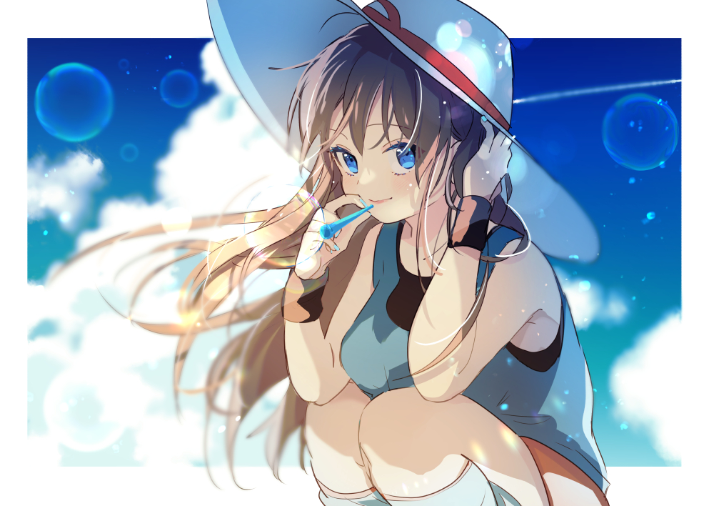 1girl, blue_eyes, blurry, breasts, brown_hair, bubble, closed_mouth, cloud