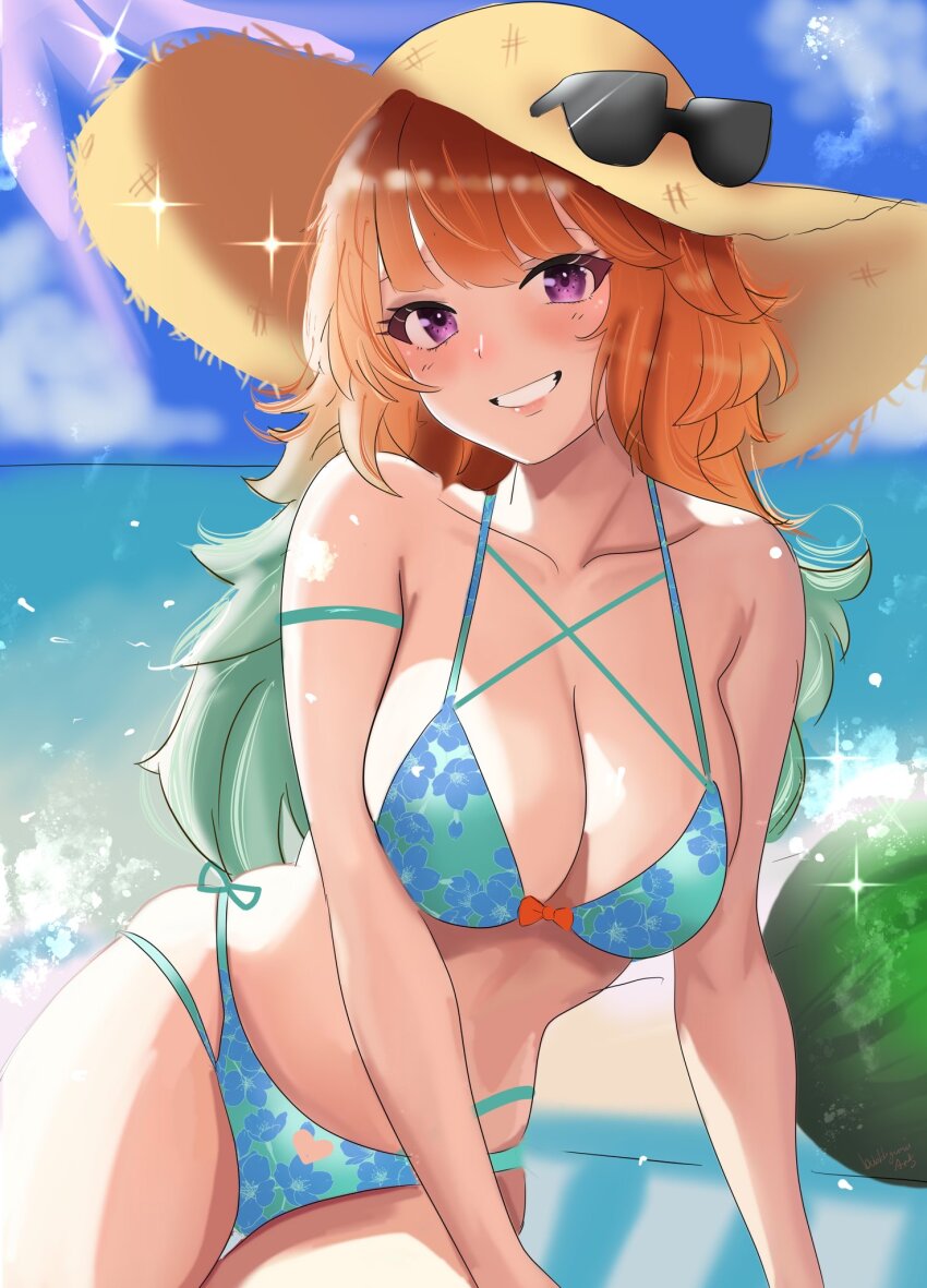 1girl, alternate_costume, bikini, breasts, bubblegumiiarts, cleavage, floral_print, food, fruit, gradient_hair, green_hair, hat, highres, hololive, hololive_english, large_breasts, looking_at_viewer, multicolored_hair, orange_hair, purple_eyes, side-tie_bikini_bottom, signature, skindentation, smile, solo, straw_hat, swimsuit, takanashi_kiara, virtual_youtuber, watermelon