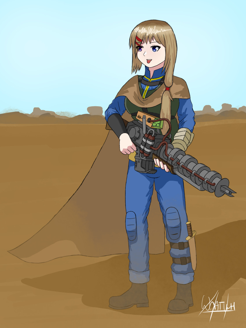 1girl, blue_eyes, boots, brown_hair, cape, desert, fallout, fallout_2, gun, highres, knife, knife_sheath, rifle, shpagin41, tongue, tongue_out, vault_suit, weapon