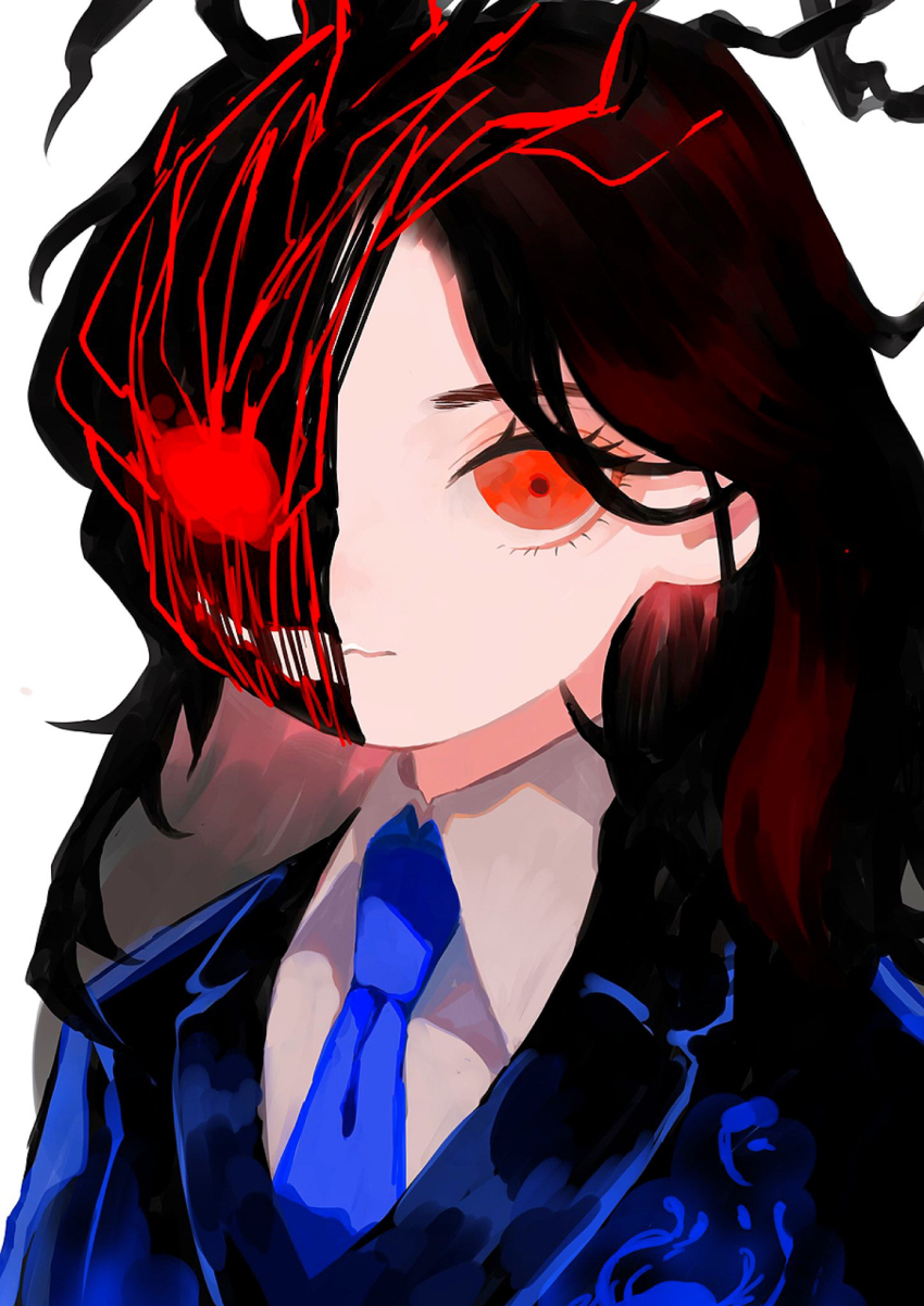 1girl, blue_jacket, blue_necktie, brown_hair, closed_mouth, collared_shirt, elena_(project_moon), evil_grin, evil_smile, formal_clothes, grin, highres, jacket, library_of_ruina, long_hair, looking_at_viewer, mochigome_138, necktie, portrait, project_moon, red_eyes, shirt, smile, solo, spoilers, suit, white_background, white_shirt