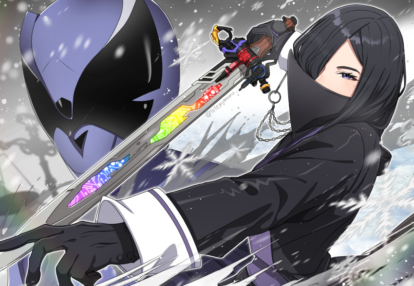 1girl, black_hair, blizzard, cloak_covering_mouth, highres, kanisuka_rita, mumumu, ohsama_sentai_king-ohger