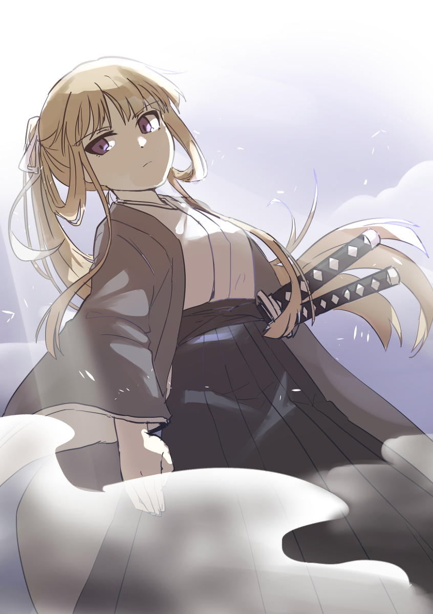 1girl, aged_up, blonde_hair, brown_kimono, dual_wielding, fuyou_yuuna_wa_yuusha_de_nai, highres, holding