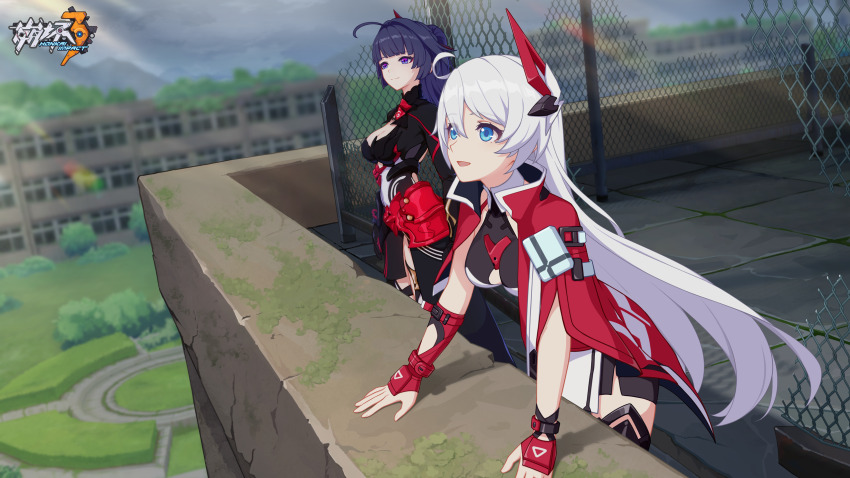 2girls, ahoge, black_hair, breasts, building, cleavage, day, highres