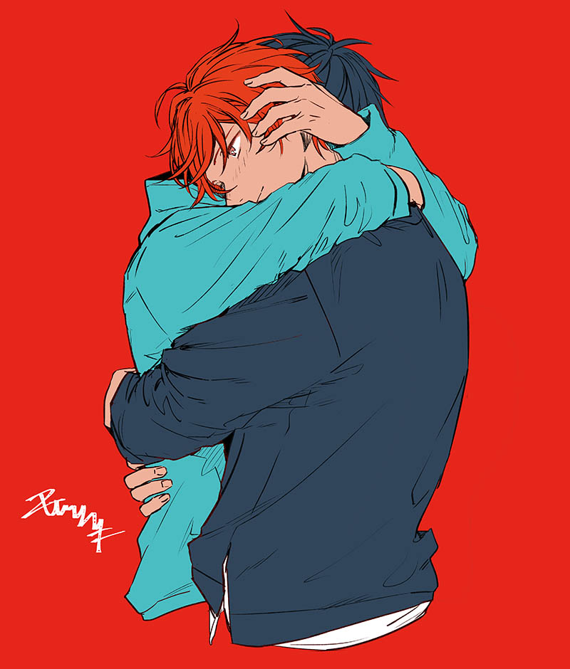 2boys, black_hair, blue_hoodie, blush, given, head_grab, hood, hoodie, hug, kizu_natsuki, multiple_boys, red_background, red_hair, satou_mafuyu, uenoyama_ritsuka, yaoi