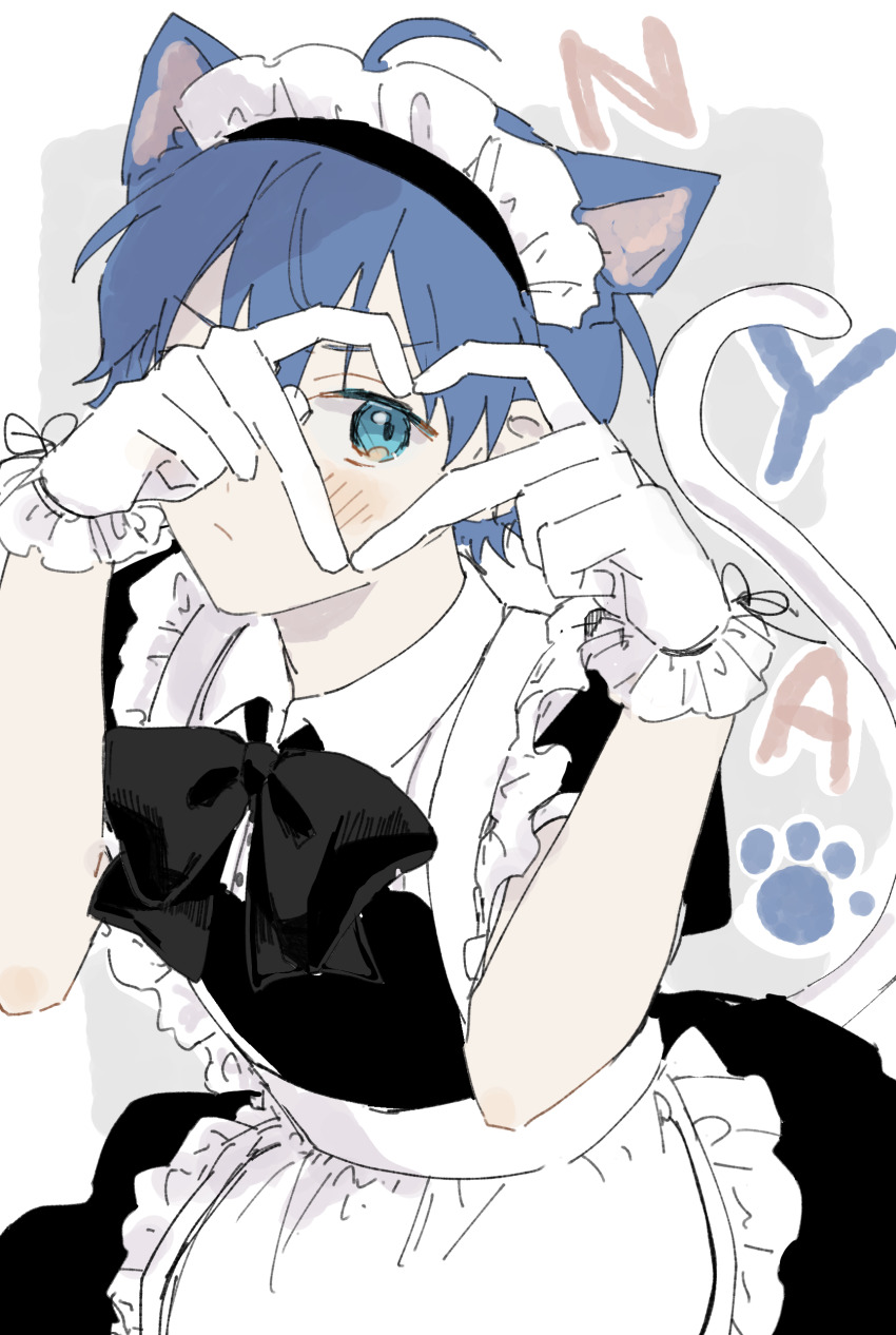 1boy, absurdres, amamine_shu, animal_ears, apron, aqua_eyes, blue_hair, blush, bow, cat_boy, cat_ears, cat_tail, crossdressing, crossdressing_(mtf), extra_ears, frills, gloves, heart, heart_hands, highres, idolmaster, idolmaster_side-m, idolmaster_side-m_growing_stars, maid, maid_apron, maid_headdress, male_focus, male_maid, puffy_short_sleeves, puffy_sleeves, reno_(r02na), short_sleeves, simple_background, solo, tail, white_gloves