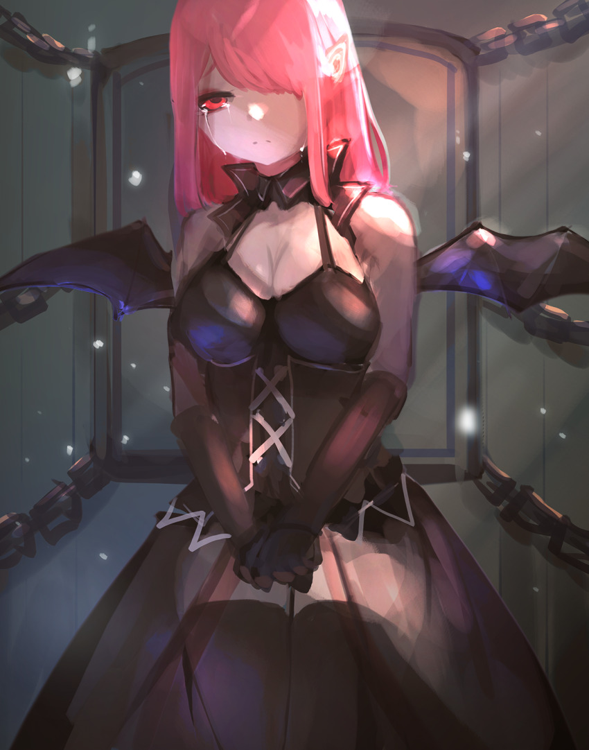 1girl, ander_horlo, bat_wings, black_dress, black_gloves, black_thighhighs, black_wings, breasts, chain, closed_mouth, commentary, corset, cowboy_shot, crying, demon_girl, dress, elbow_gloves, english_commentary, frown, furrowed_brow, gloves, hair_over_one_eye, halter_dress, halterneck, highres, kristell_(mabinogi), large_breasts, legs_together, long_hair, mabinogi, mixed-language_commentary, own_hands_together, pink_hair, pointy_ears, red_eyes, see-through_clothes, solo, split_mouth, standing, streaming_tears, succubus_(mabinogi), swept_bangs, tears, thighhighs, thighs, wings