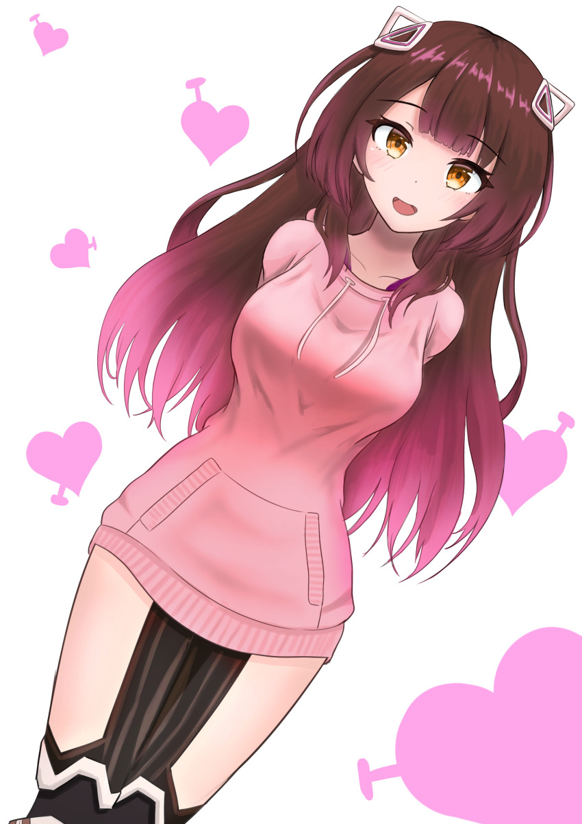1girl, :d, absurdres, android, arms_behind_back, blunt_bangs, blush, breasts, brown_hair, gradient_hair, hakuou0714, heart, highres, hololive, hood, hoodie, long_hair, looking_at_viewer, mechanical_legs, medium_breasts, multicolored_hair, open_mouth, pink_hoodie, red_hair, roboco-san, roboco-san_(hoodie), smile, solo, virtual_youtuber, wavy_hair, yellow_eyes