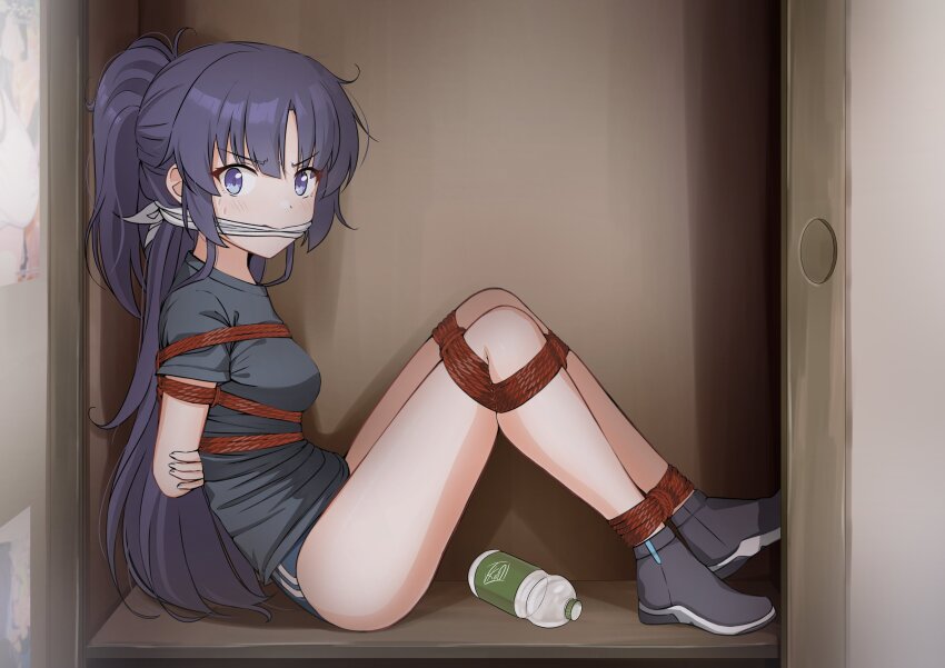 1girl, absurdres, arms_behind_back, ass, bdsm, black_buruma, black_hair, black_shirt, blue_archive, blue_eyes, blush, bondage, bottle, bound, bound_ankles, bound_arms, bound_legs, breast_bondage, breasts, buruma, cleave_gag, cloth_gag, female_focus, from_side, full_body, gag, gagged, gym_shirt, gym_uniform, highres, improvised_gag, legs, legs_together, long_hair, looking_at_viewer, looking_to_the_side, medium_breasts, ponytail, scared, shirt, short_sleeves, sideboob, solo, sweat, thighs, vakaosciosa, very_long_hair, water_bottle, yuuka_(blue_archive), yuuka_(track)_(blue_archive)