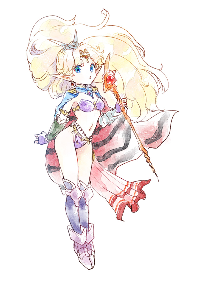 1girl, armor, bikini_armor, blonde_hair, blue_eyes, boots, breasts, cape, detached_sleeves, earrings, esper_(saga_2), full_body, gloves, holding, holding_staff, jewelry, long_hair, looking_at_viewer, navel, no_s, pointy_ears, saga, saga_2, simple_background, small_breasts, solo, staff, white_background