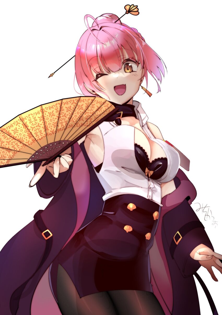 1girl, ;d, bare_shoulders, black_bra, black_jacket, black_skirt, bow, bow_bra