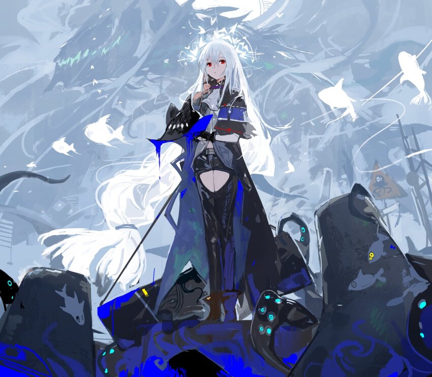 1girl, alchemaniac, arknights, ascot, bag, black_footwear, black_gloves, black_headwear