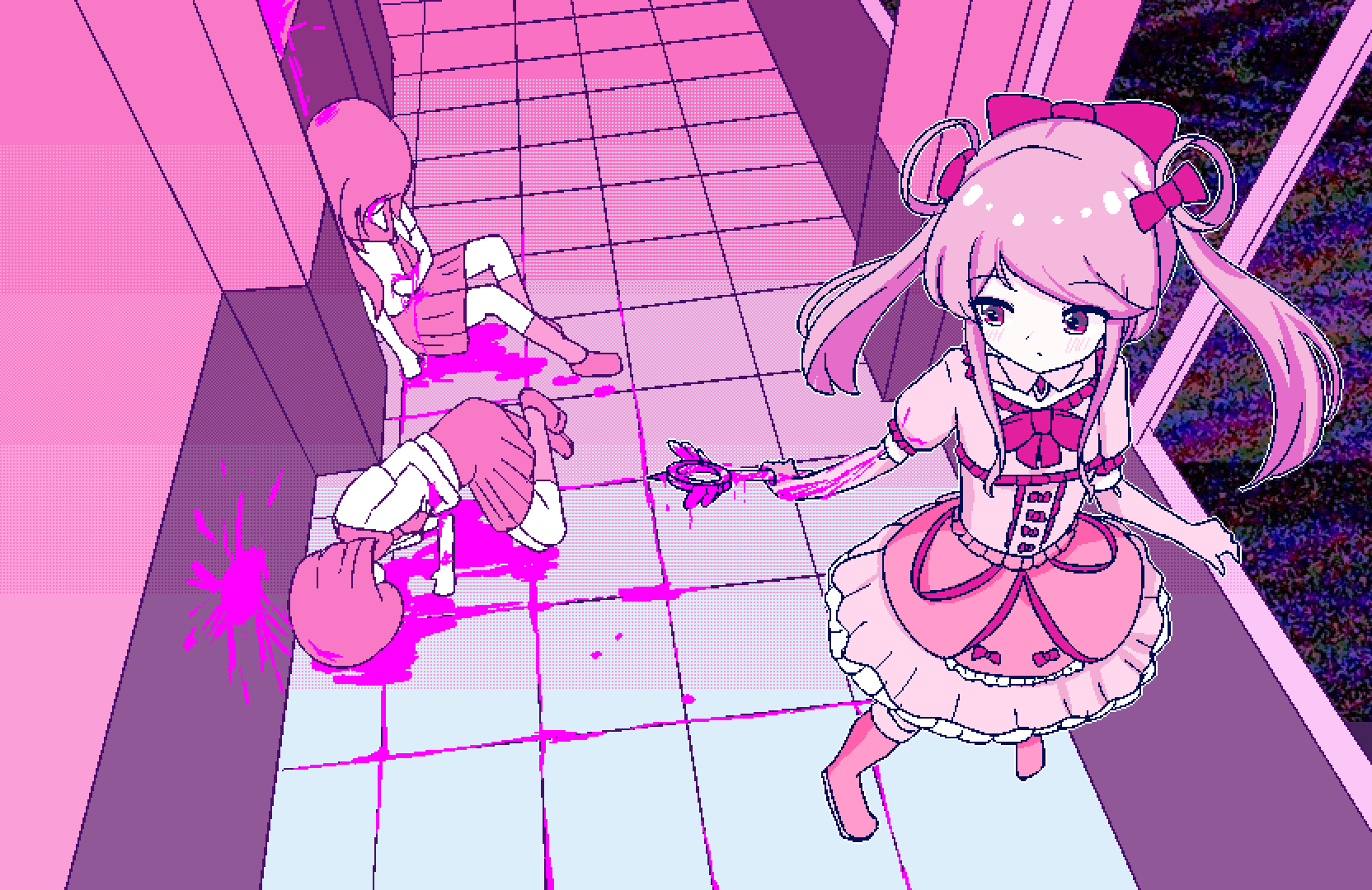 3girls, blood, blood_on_clothes, blood_on_gloves, blood_on_ground, blood_on_hands, blood_on_wall, boots