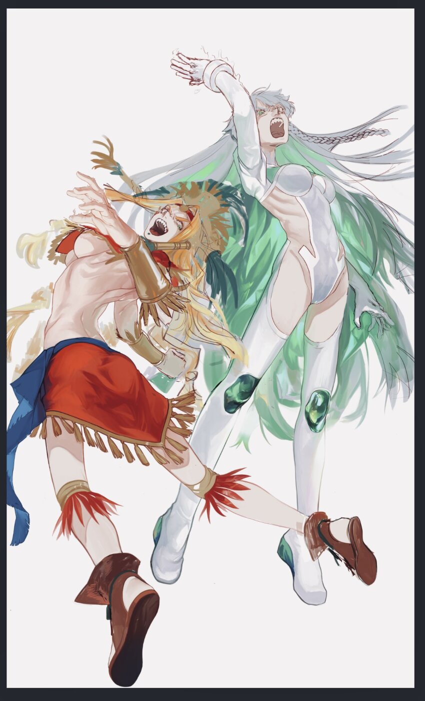 2girls, bakushi_(kaeritai0609), blonde_hair, bodysuit, braid, breasts, brown_footwear, chin_piercing