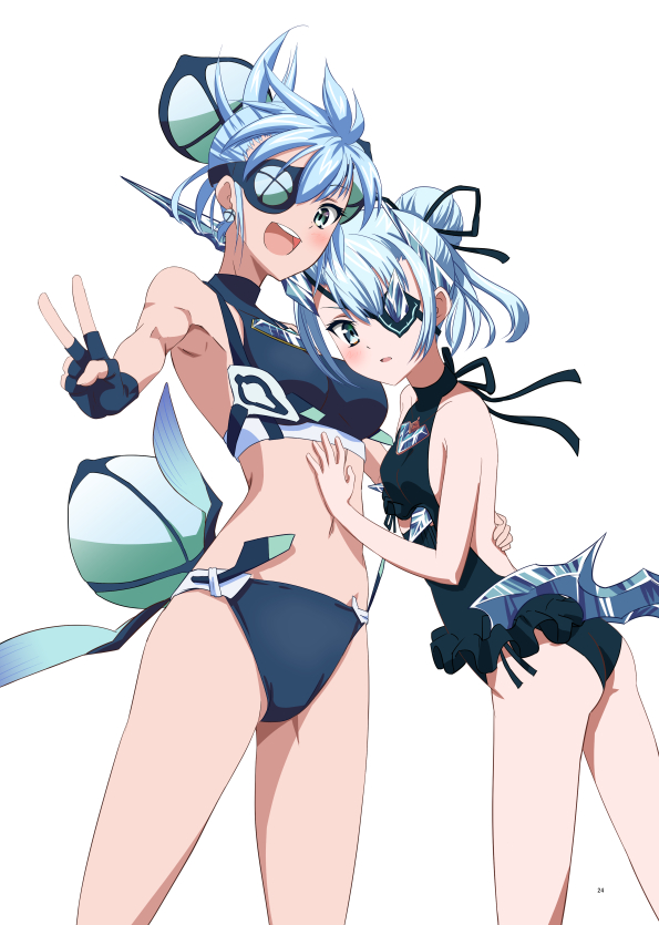 2girls, :d, asymmetrical_horns, backless_swimsuit, bikini, blue_bikini, blue_eyes, blue_gloves