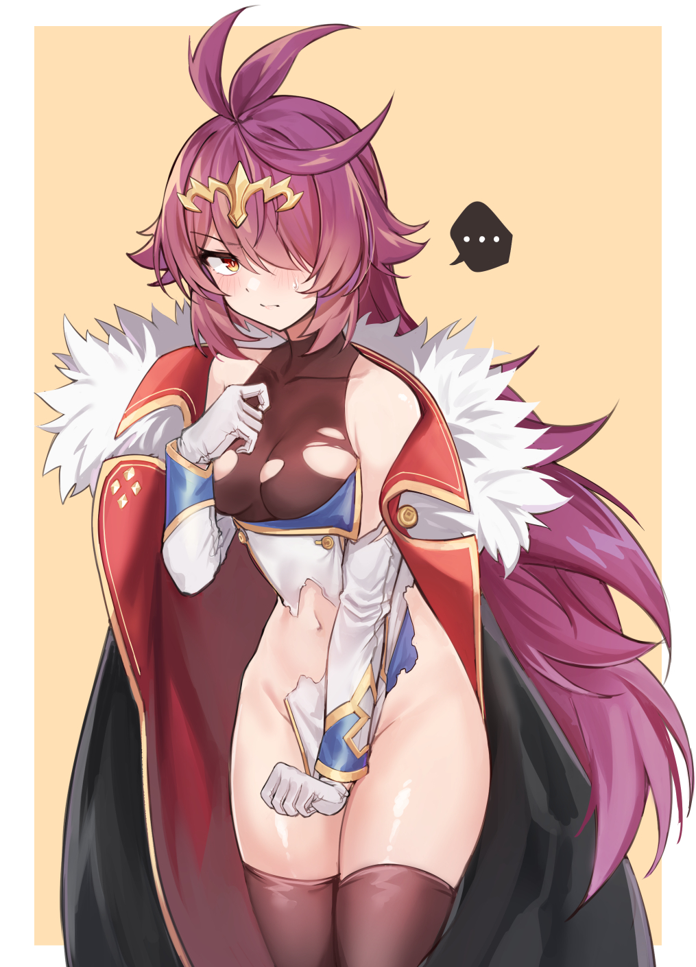 ..., 1girl, antenna_hair, bare_shoulders, black_coat, breasts, brown_thighhighs, cermia_(epic_seven)