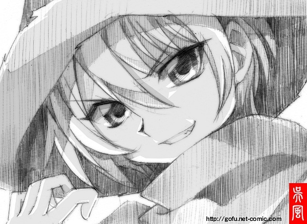 1girl, female_focus, gofu, greyscale, grin, hat, ichiban_ushiro_no_daimaou, lily_shiraishi