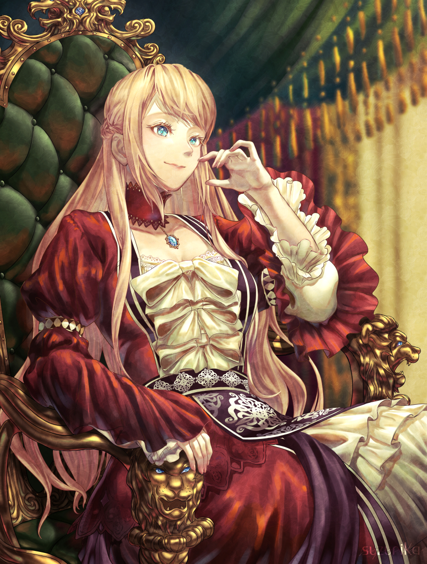 1girl, absurdres, ariel_anemoi_asura, blonde_hair, blue_eyes, braid, breasts, cleavage, closed_mouth, commission, dress, frilled_dress, frilled_sleeves, frills, highres, long_hair, looking_ahead, medium_breasts, mushoku_tensei, on_throne, pixiv_commission, sitting, smile, solo, suzurika26, throne