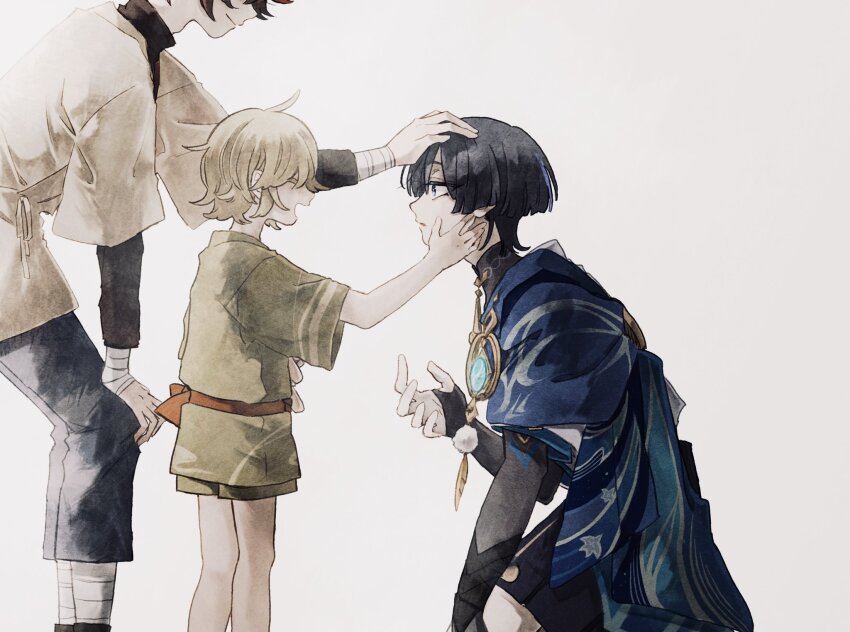 3boys, ahoge, back_bow, bandaged_arm, bandages, belt, black_footwear, black_gloves
