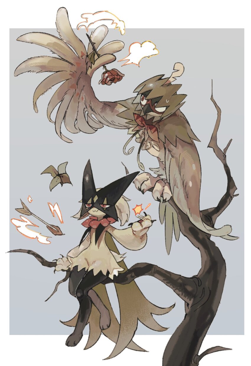 :3, animal, arrow_(projectile), bare_tree, beak, bird, branch, cat