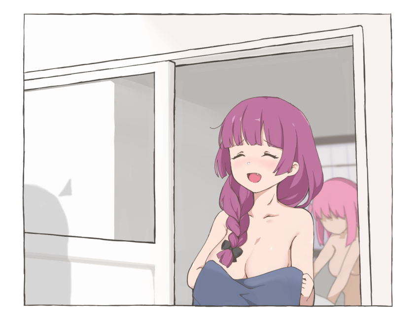 2girls, aftersex, bocchi_the_rock!, braid, breasts, closed_eyes, commentary, fang, gotoh_hitori, hiroi_kikuri, large_breasts, linnkou, manatsu_no_yo_no_inmu, multiple_girls, nude, open_mouth, parody, pink_hair, purple_hair, sex, shadow, smile, towel