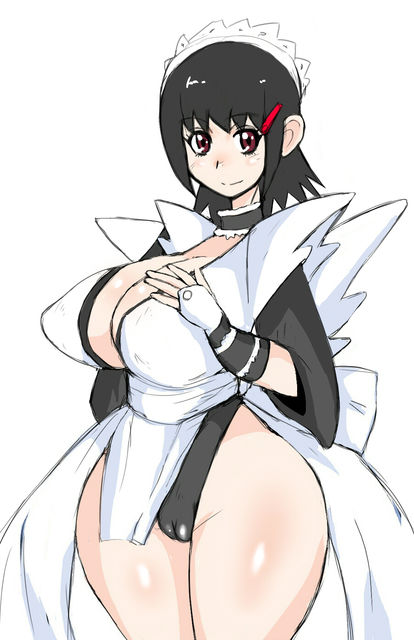 1girl, :>, apron, black_eyes, black_hair, blush, breasts, cameltoe, cleavage, curvy, flipped_hair, hair_ornament, hairclip, hand_on_own_chest, highleg, highleg_leotard, iroha_(samurai_spirits), large_breasts, leotard, leotard_under_clothes, looking_at_viewer, maid, maid_headdress, miyawoo, revealing_clothes, samurai_spirits, shiny_skin, short_hair, simple_background, solo, standing, thong_leotard, white_background, wide_hips