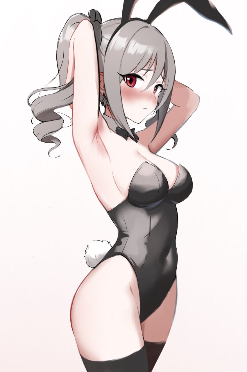 1girl, animal_ears, armpits, arms_up, black_bow, black_bowtie, black_leotard, black_thighhighs