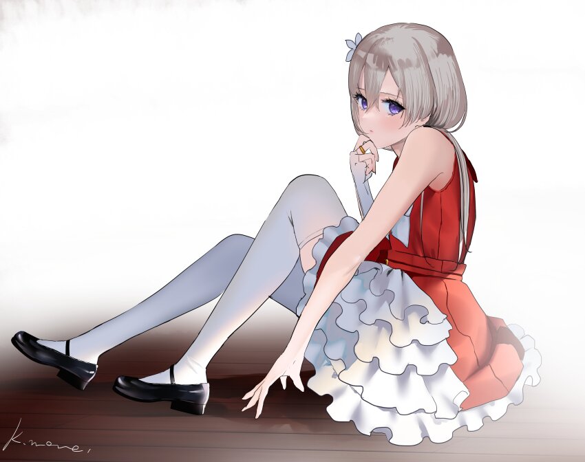 1girl, absurdres, artist_name, assault_lily, bare_arms, bare_shoulders, belt, belt_buckle, black_shoes, buckle, closed_mouth, elbow_gloves, fingerless_gloves, flower, frilled_skirt, frills, from_side, full_body, gloves, grey_hair, hair_between_eyes, hair_flower, hair_ornament, hand_on_own_chin, hand_up, heel_up, high-waist_skirt, highres, jewelry, kanba_girls_high_school_uniform, kanon_mone, knees_up, layered_skirt, long_hair, looking_at_viewer, looking_to_the_side, low_twintails, mary_janes, miniskirt, on_floor, purple_eyes, red_belt, red_shirt, red_skirt, ring, school_uniform, shiozaki_suzume, shirt, shoes, signature, single_glove, sitting, skirt, sleeveless, sleeveless_shirt, solo, thighhighs, twintails, white_background, white_flower, white_thighhighs, wooden_floor