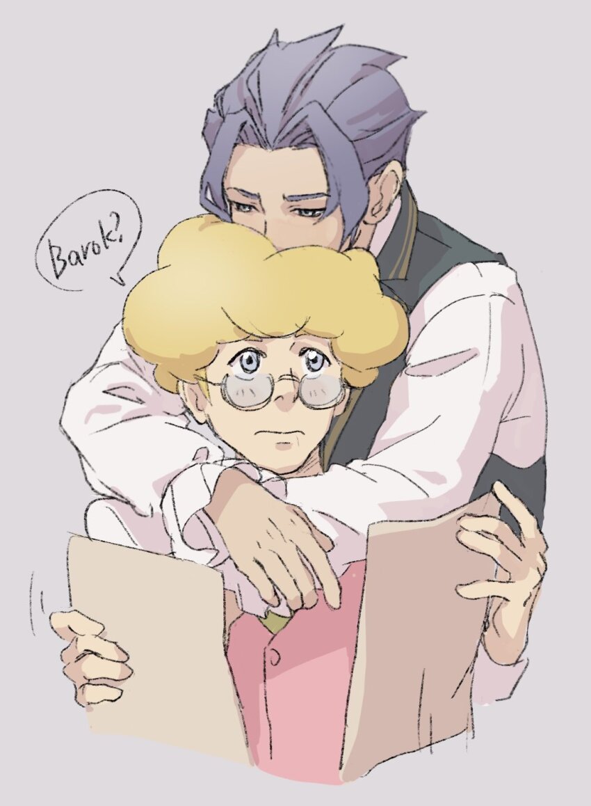 2boys, ace_attorney, afro, albert_harebrayne, arms_around_neck, barok_van_zieks, blonde_hair, blue_eyes