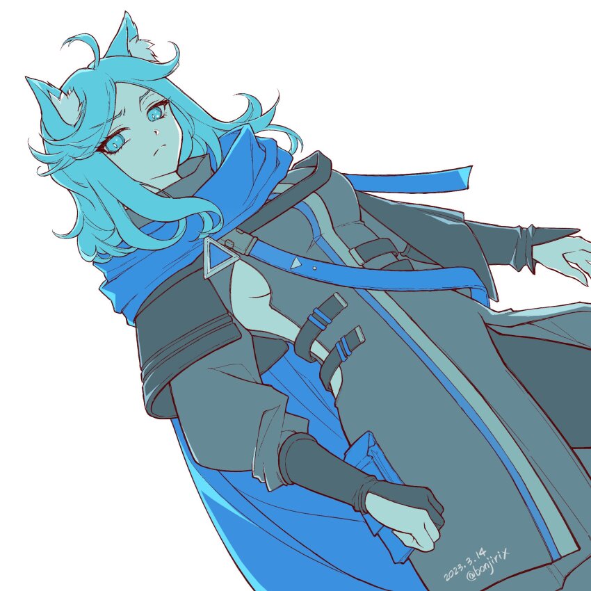 1girl, ahoge, animal_ear_fluff, animal_ears, arknights, blue_eyes, blue_hair, bonjirix