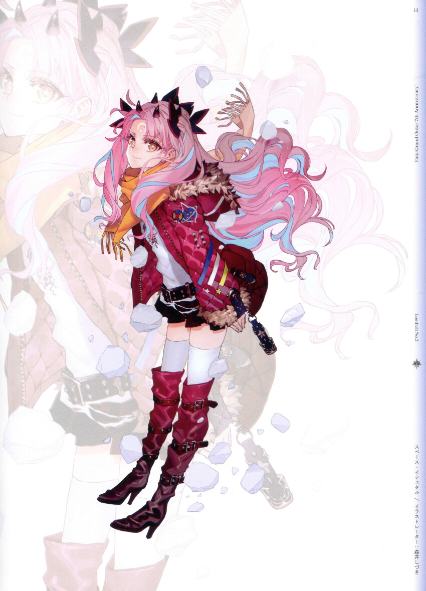 1girl, absurdres, belt, blue_hair, boots, casual, coat, colored_inner_hair, commentary, daachan, facial_mark, fate/grand_order, fate_(series), forehead_mark, highres, horns, ishtar_(fate), long_hair, mismatched_pupils, morii_shizuki, multicolored_hair, official_art, pink_hair, red_coat, scan, scarf, shirt, smile, space_ishtar_(fate), symbol-shaped_pupils, twintails, white_shirt, yellow_eyes