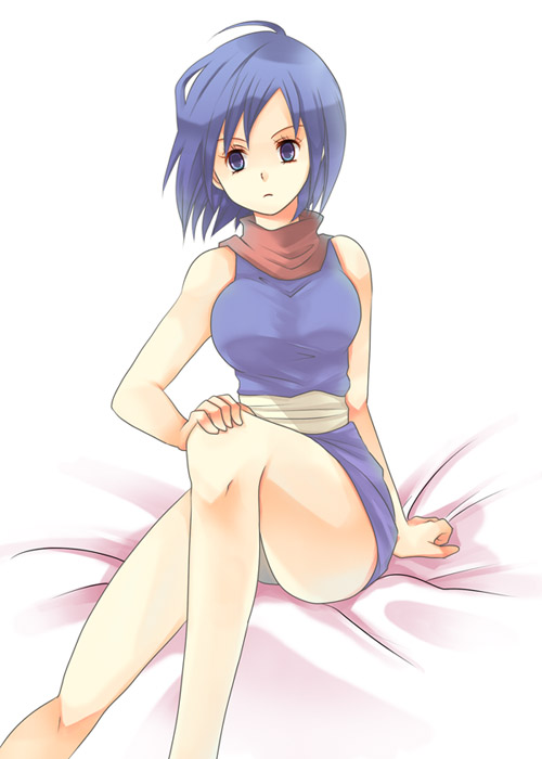 1girl, bed, blue_eyes, blue_hair, breasts, catria_(fire_emblem), dress, female_focus, fire_emblem, fire_emblem:_mystery_of_the_emblem, kariu, matching_hair/eyes, nintendo, short_dress, short_hair, sitting, solo, white_background