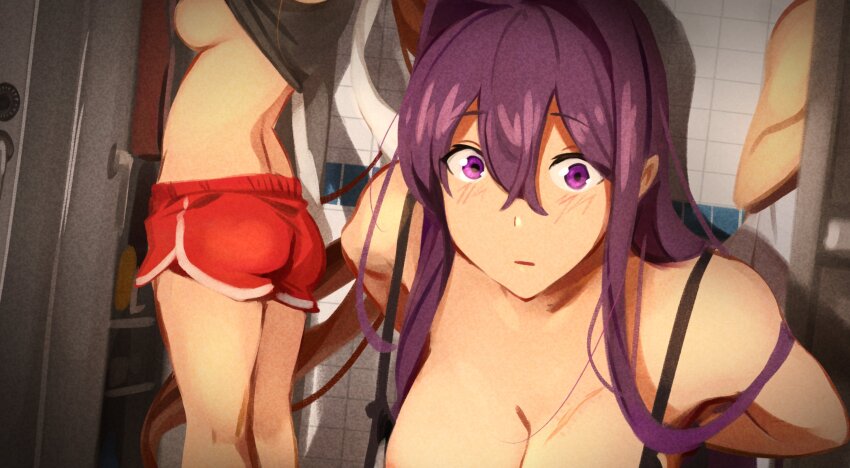 3girls, areola_slip, ass, bare_arms, bare_shoulders, blush, breasts, brown_hair