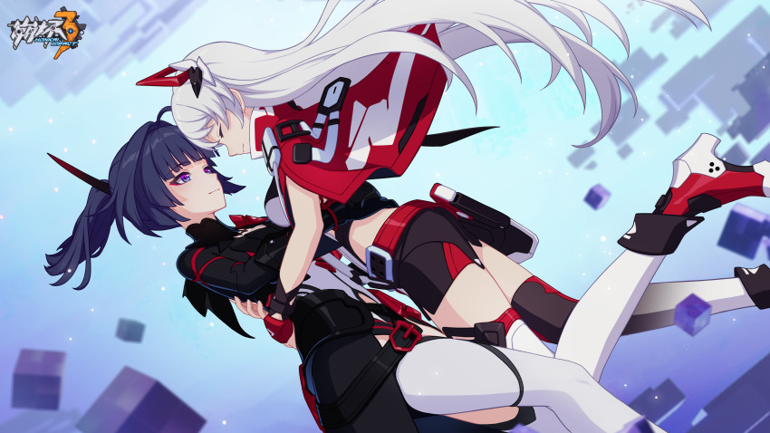 2girls, ahoge, black_hair, breasts, closed_eyes, closed_mouth, cube, eyebrows_hidden_by_hair