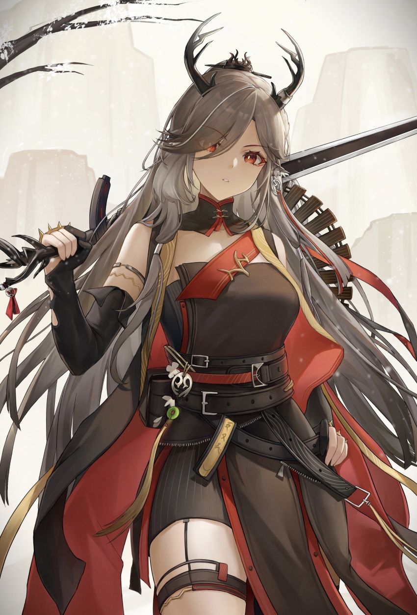 1girl, absurdres, animal_ears, antlers, arknights, armlet, bare_shoulders, belt