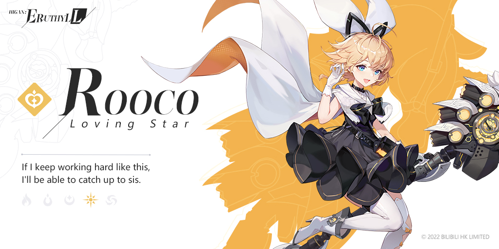 1girl, arm_up, black_choker, blonde_hair, blue_eyes, character_name, choker, floating, gloves, higan:_eruthyll, holding, holding_weapon, official_art, open_mouth, rooco, short_hair, solo, weapon, white_gloves
